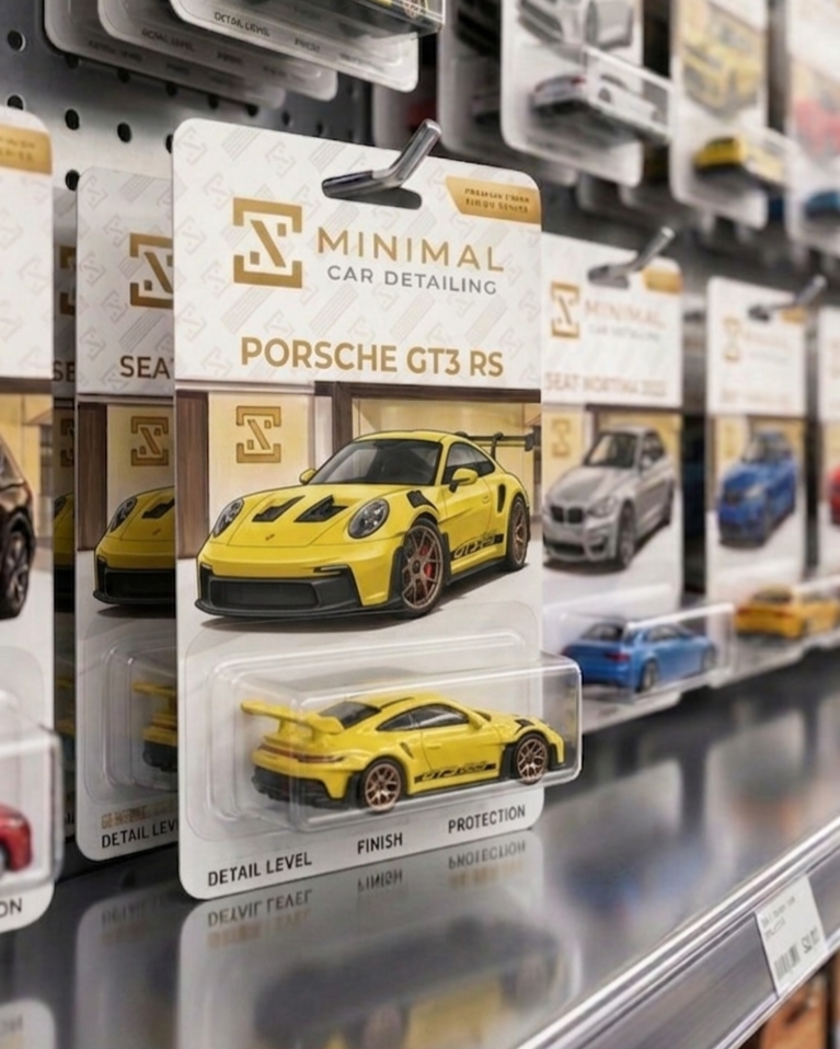 Auto a escala en empaque tipo blister con identidad Minimal: metáfora de acabado de exhibición y entrega impecable.